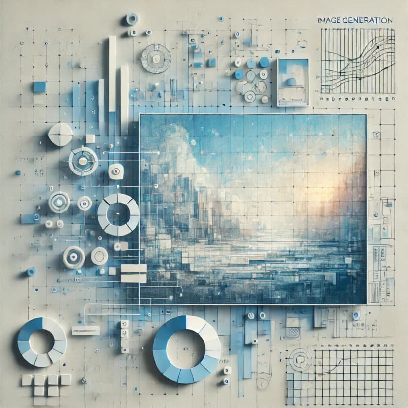 Картина из квадратиков на переднем плане в окружении абстрактных узоров из кружков и блоков в оттенках голубого и белого цвета с надписью Image generation на английском языке для сервиса Text-Craft